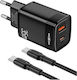 Moxom Mobile Phone Charger with USB-A Output Port and USB-C Output Port and USB-C - USB-C Cable 35W Black MX-HC243