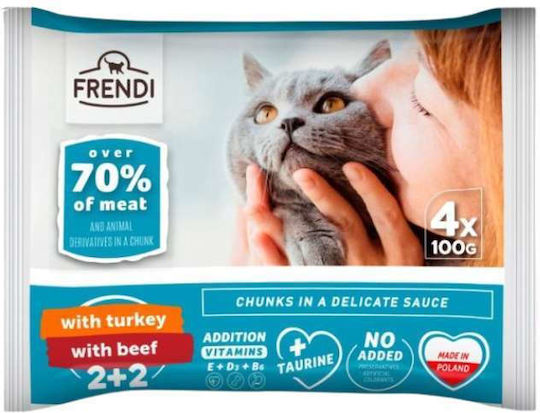 Frendi Υγρή Τροφή για Ενήλικες Γάτες σε Φακελάκι με Γαλοπούλα, Μοσχάρι και Κρέας 4x100gr