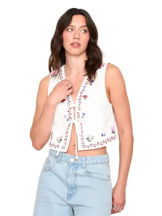 Women's Summer Crop Top Linen Sleeveless with V-Neckline Floral White