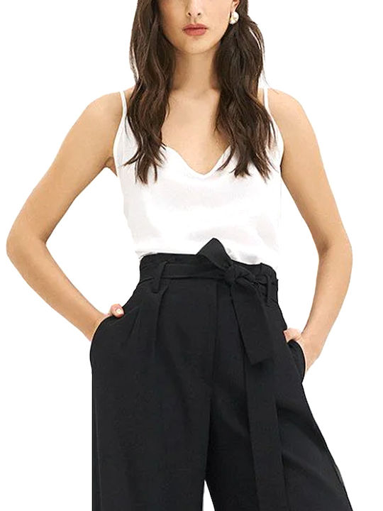 Women's Satin Sleeveless Blouse with V-Neckline White
