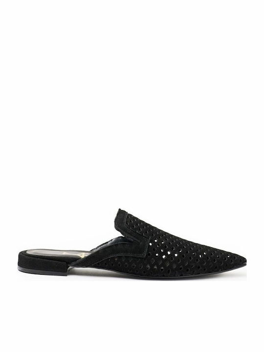 Mille Luci Flat Leather Mules In Black Colour