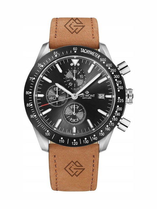 Men's Watch 44mm Chronograph Battery with Brown Leather Strap
