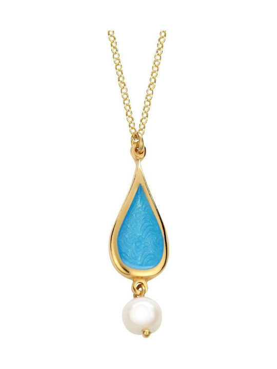 VTJ Necklace With Tear Design In Silver With Light Blue Pearls