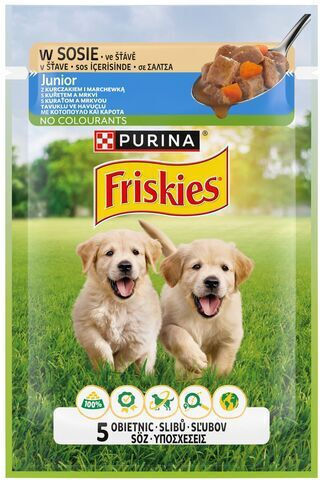 Friskies Υγρή Τροφή για Κουτάβια με Κοτόπουλο, Καρότο, Κρέας, Λαχανικά και Ψάρι 85gr