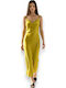 Sommer Maxi Abend Damenkleid Slip Dress Drapierung Lime