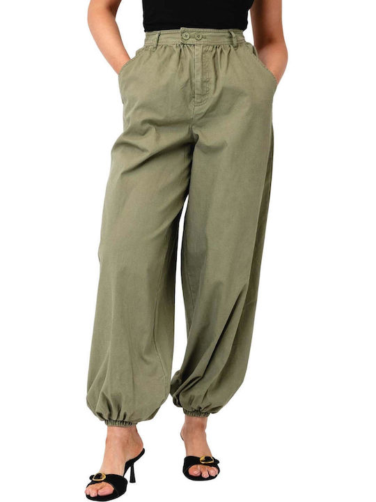 Women's Fabric Cargo Trousers in Balloon Leg Style Khaki