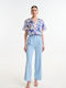 Women's High Rise Linen Pantaloons with Rubber Band Light Blue