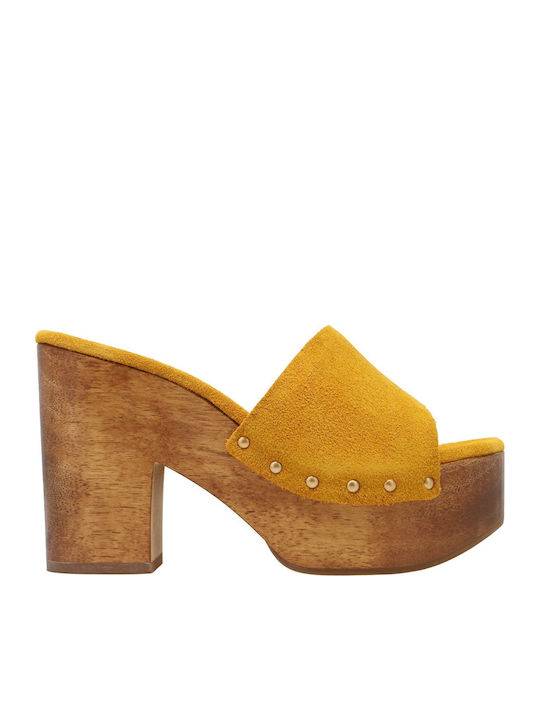 Suede Mules with Chunky Heel in Yellow Colour
