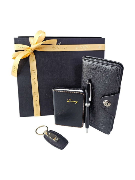 Business Kit Men's Gift Set Long Wallet Notebook Keychain Pen Black In Elegant Box