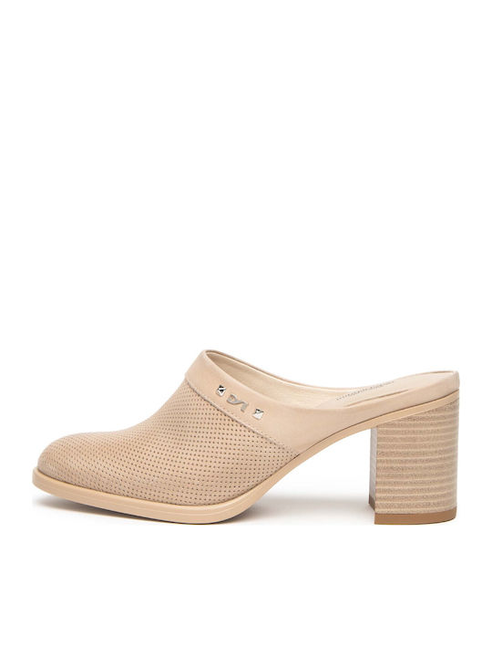 Leather Mules With Heel In Blonde Colour