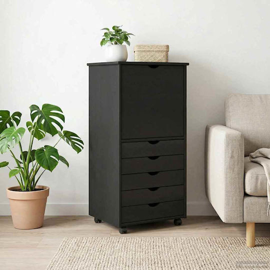 Sertar De Birou Din Lemn Masiv Cu Roți Negru 53x39x103cm