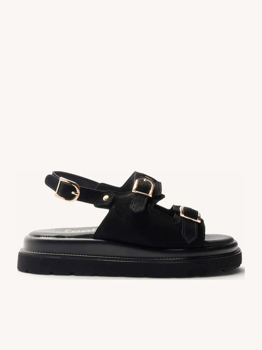 Μαύρα Δερμάτινα Flatforms Δύο Ρυθμιζόμενα Λουράκια