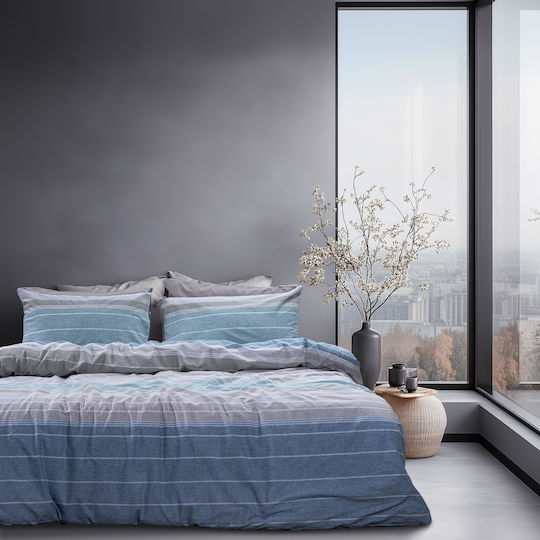 Lino Home Duvet Cover Set 170x250cm Single with Pillowcase Serica Petrol Blue