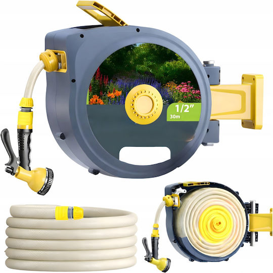Anvelopă Automată Furtun Grădină Zola Montat Pe Perete 30 M 1/2" Sistem Blocare Retragere Automată 51 X 26 X 40 Cm Gri Galben