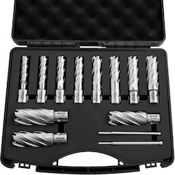 Vevor Set of Ring Cutters Kit 13 Pieces General Purpose Drills Shank Cutting Depth 50.8 Mm Cutting Diameter 11.11 Mm to 26.98 Mm HSS 11 Drills 2 Pilot Pins Plastic Case Magnetic Drills