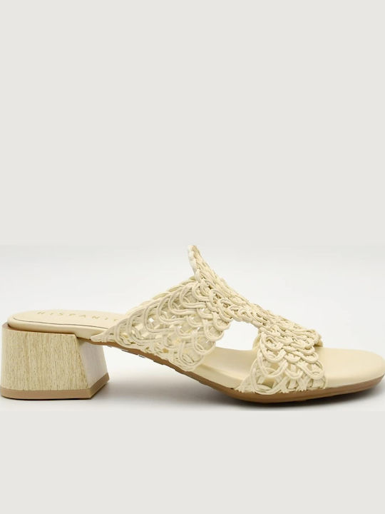 Leather Mules with Chunky Low Heel in Beige Colour