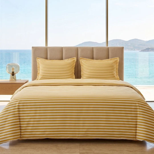 Pucioasa Cotton Satin Duvet Cover Set 200x230cm Double With 2 Pillowcases & 1 Bed Sheet Yellow Stripes