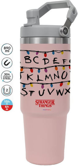 Koupakoupa Stranger Things Abc Handled Tumbler Θερμός Ανοξείδωτο 890ml Ροζ με Καλαμάκι και Λαβή