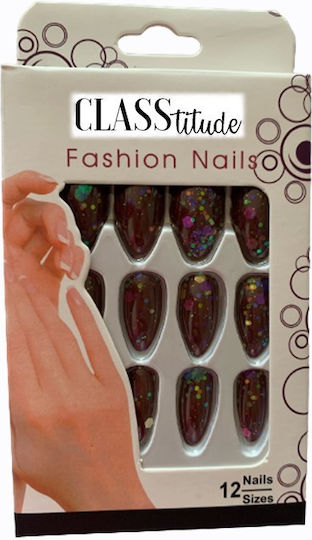Set 12 Self-adhesive Press-on Glitter Burgundy False Nails