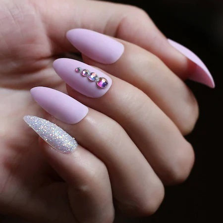 Set 24 Matte Pink Almond Self-adhesive False Nails Rhinestones