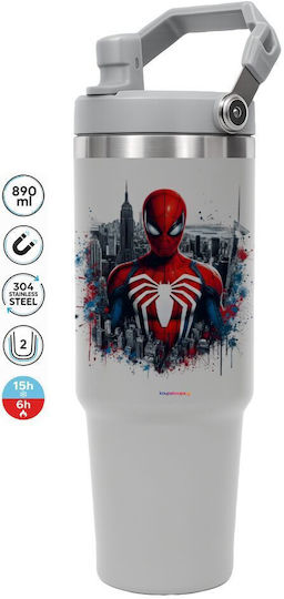Koupakoupa Spiderman City Handled Thermos Stainless Steel 890ml Gray with Straw and Handle