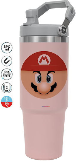 Koupakoupa Flat Handled Tumbler Θερμός Ανοξείδωτο 890ml Ροζ με Καλαμάκι και Λαβή