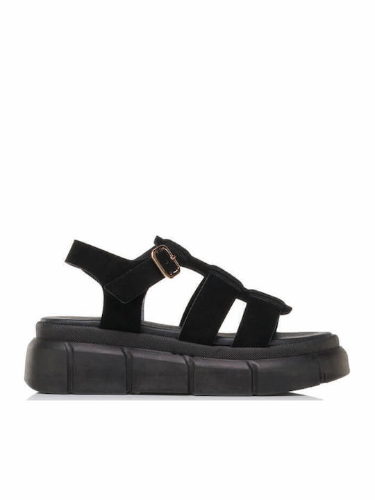 Δερμάτινα Γυναικεία Σανδάλια Flatforms Μαύρα