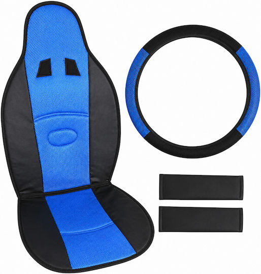 Universal Car Seat Cushion Set 5 Pieces Steering Wheel Cover & Seatbelt Protectors Pvc & Non-Slip Sponge Blue Black