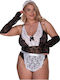 Plus Size Damen-Bodysuit mit Spitze Schürze Handschuhe Schwarz