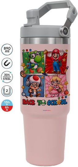 Koupakoupa Back To School Stainless Steel Thermos Bottle 890ml Pink with Straw and Handle