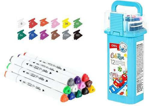 Deli Drawing Markers 1mm Fine Double-Tipped Washable Set 12 Colours