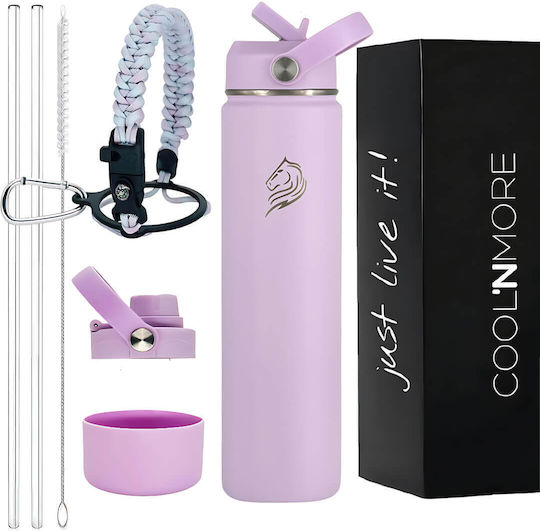 Cool'NMore Stainless Steel Thermos Bottle BPA Free 750ml Lavender with Straw Handle Loop and Mouthpiece