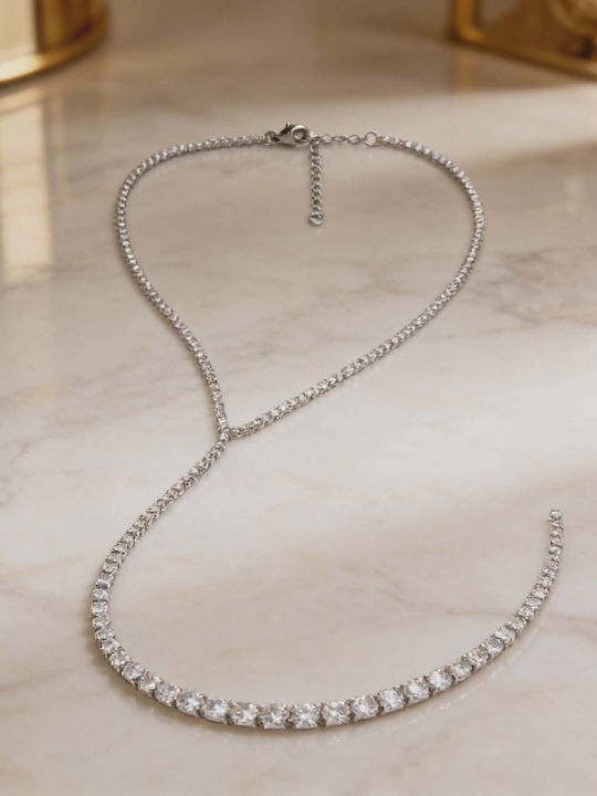 Y Necklace With Crystals Silver Stainless Steel 38+27cm (+7cm Extension)