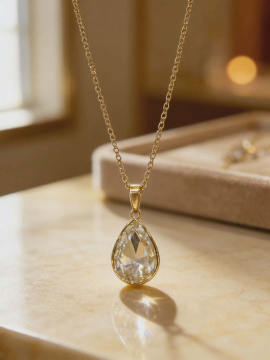 Clear Crystal Drop Necklace Gold Stainless Steel