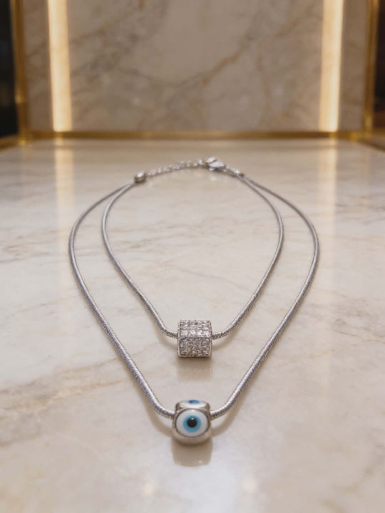 Double Layer Necklace With Evil Eye & Crystal Pendant Silver Stainless Steel