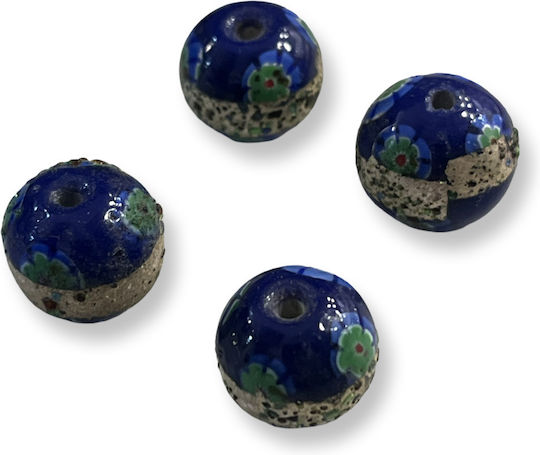 Murano Beads Round 14mm Blue Floral Pattern – Hole 1.5mm Pack of 4 Pieces