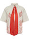 Short Sleeve Women's Denim Shirt Ecru-Red Floral
