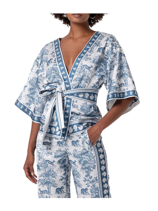Fracomina Kurzer Damen Kimono Weiß-Blau
