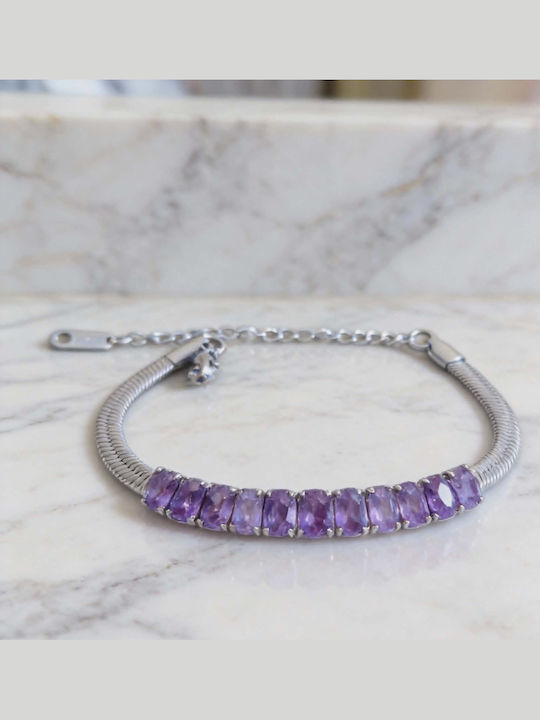 Purple Baguette Crystal Bracelet Silver Stainless Steel