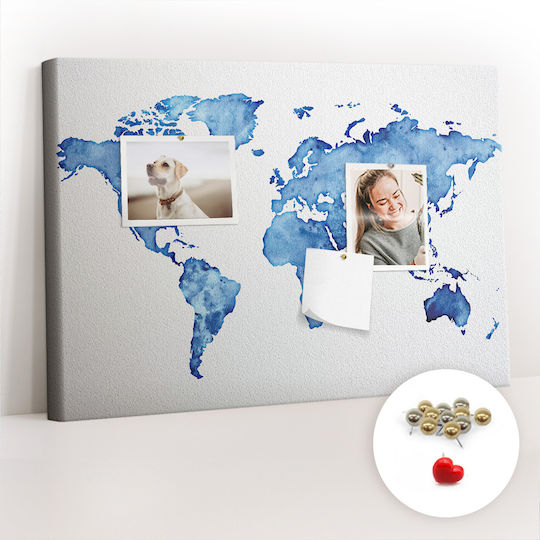 Cork Board Canvas Office World Map Watercolors 60x40 Cm