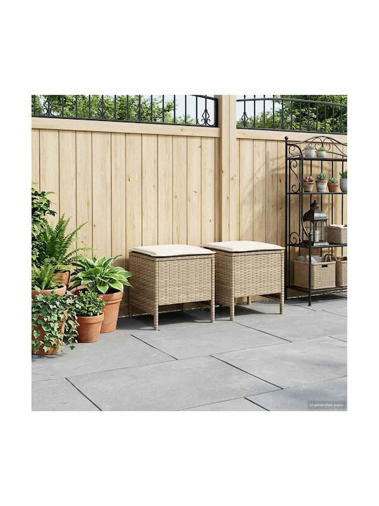 Garden Stool Cube Outdoor Rattan with Beige Cushion 2 Pieces 38x38x45cm