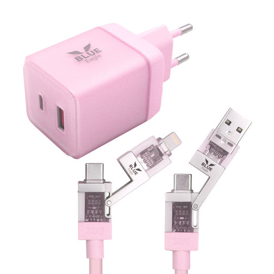 Blue Eagle Зарядно Устройство GaN с USB-A Порт и USB-C Порт и USB-C Кабел 70W Power Delivery Розово (BE-CHWC-02)