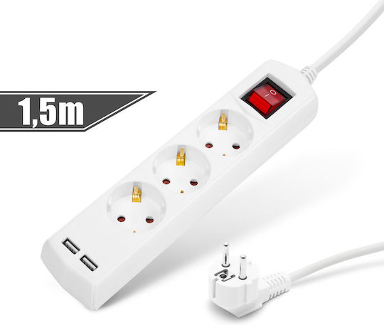Steckdosenleiste 3-fach mit 2 USB-A, Schalter und Kabel 1,5 m