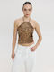 Women's Sleeveless Top with Tie at Neck Animal Print Brown Leopard
