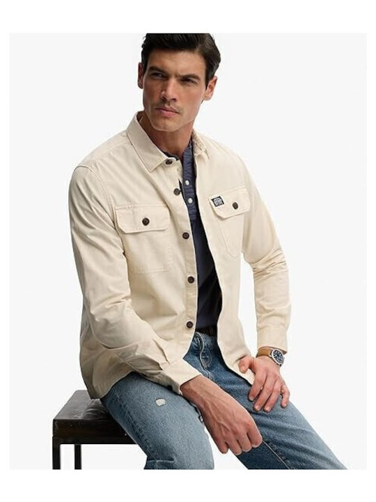 Long Sleeve Cotton Overshirt in Wide Fit Oatmeal-beige