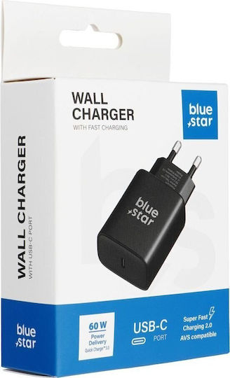 Blue Star Φορτιστής Χωρίς Καλώδιο με Θύρα USB-C 60W Power Delivery Μαύρος (TFB-AVS-60W)