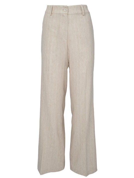 Pantaloni Dama Lin High Rise Evazați Cu Dungi Bej