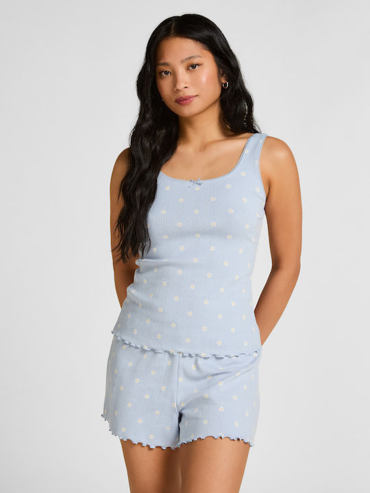 Hunkemöller Sommer Damen Schlafanzug Bluse Blau Pointelle