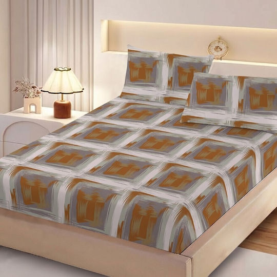 Pucioasa Bed Sheet Set With 2 Pillowcases Double With Rubber Hugger 160x200cm Brown/Gray Squares (3 Pieces)