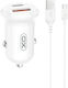 XO Car Charger 30W Fast Charging with Ports 1xUSB-A 1xType-C with Type-C Cable White Colour